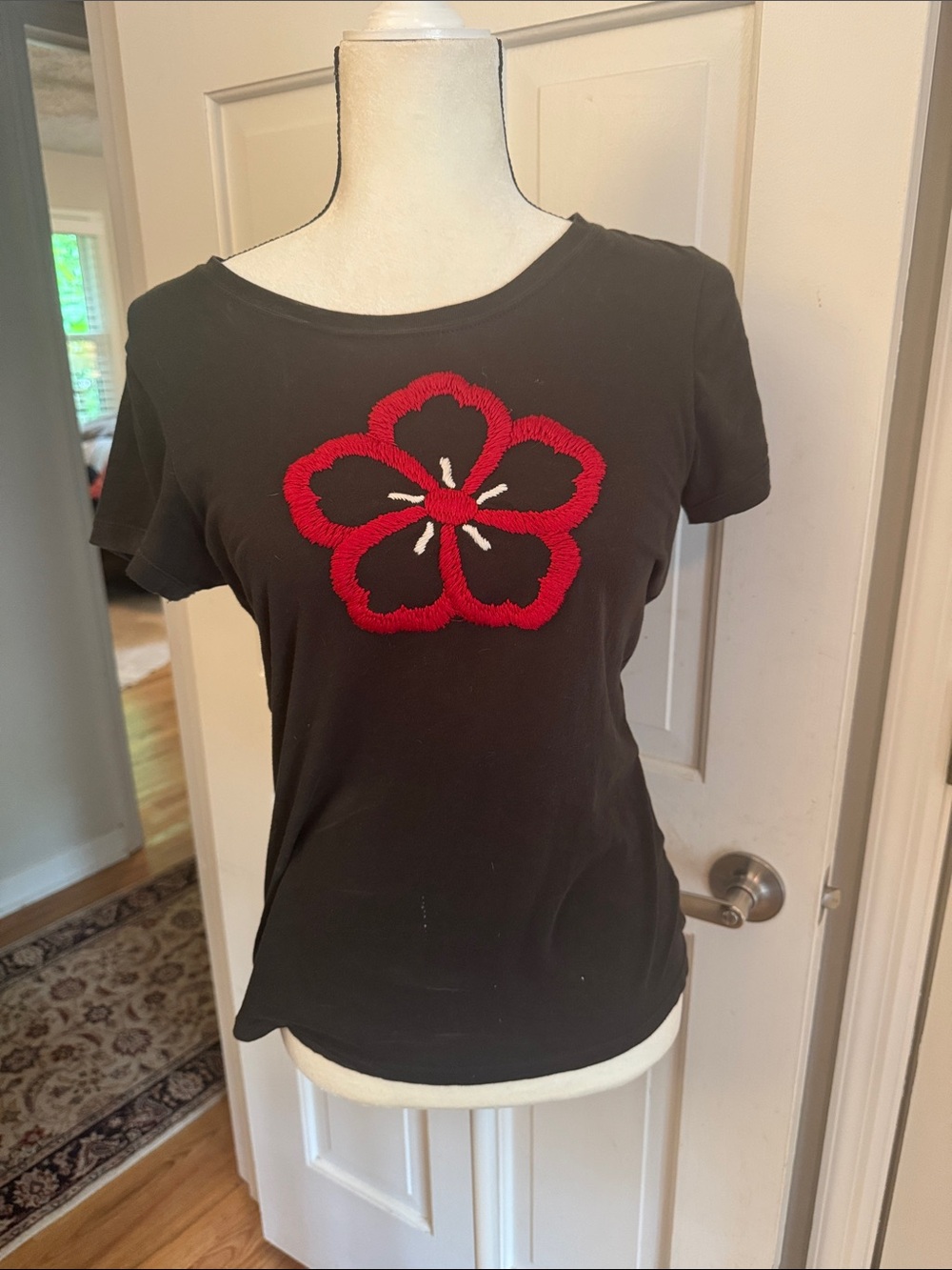 Lucky Brand Black Short Sleeve Tee with Red Floral Applique